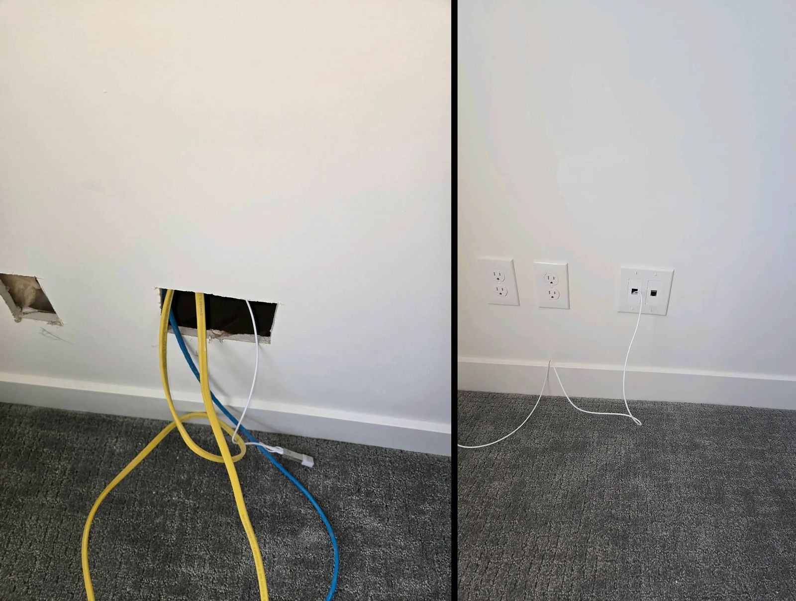 Before and after drywall hole repair around data cabling, with the opening patched, textured and finished with outlet and data plates