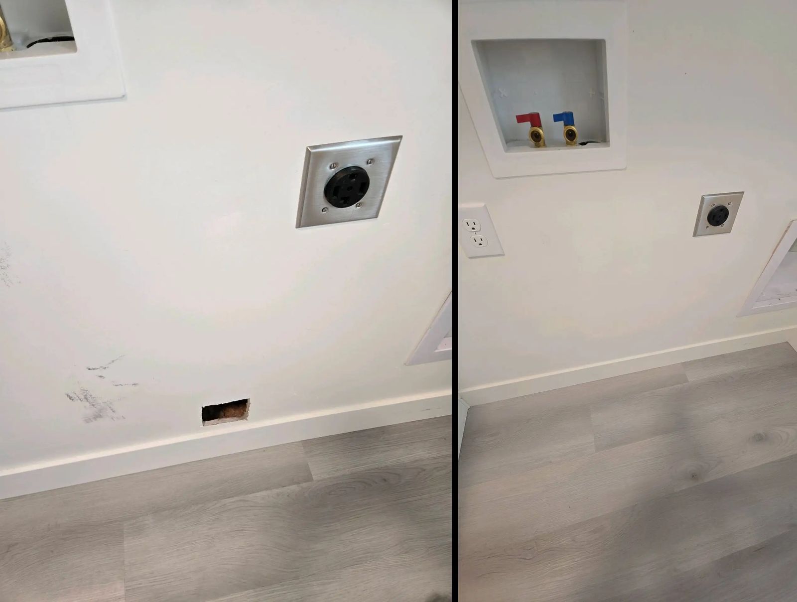 Before and after drywall patch repair in a Salt Lake City laundry room, with the hole cut out, patched, textured and painted to match the wall