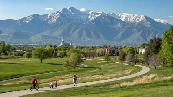 Walking and biking trail through a park in Clearfield, Utah with mountains in the background