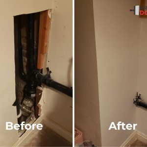 Before and after photo of a drywall hole repair