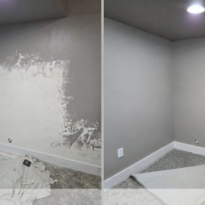 Before and after drywall repair and texture matching on a finished basement wall in Wellsville, Utah.